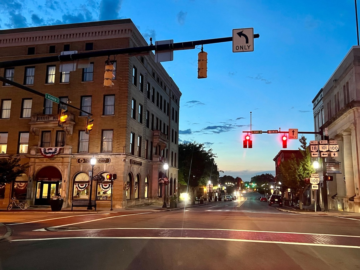 South Washington Street at East Perry Street in downtown Tiffin at dusk